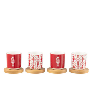 Boite 4 Tasse A Cafe + Sous-Tasse Bambou Casse-Noisette Boite Cadeau Ceramique Rouge