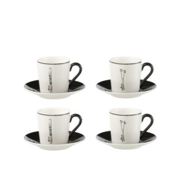 Boite 4 Tasse A Cafe + Sous-Tasse Boite Cadeau Ceramique Noir / Blanc S