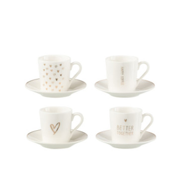 Boite 4 Tasse A Cafe + Sous-Tasse Coeur Boite Cadeau Ceramique Blanc S