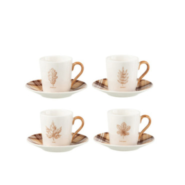 Boite 4 Tasse A Cafe + Sous-Tasse Feuille Boite Cadeau Ceramique Marron S