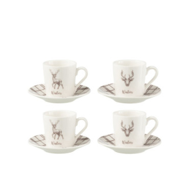 Boite 4 Tasse A Cafe + Sous-Tasse Renne Boite Cadeau Ceramique Blanc / Marron S