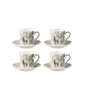 Boite 4 Tasse A Cafe + Sous-Tasse Renne Boite Cadeau Ceramique Gris S