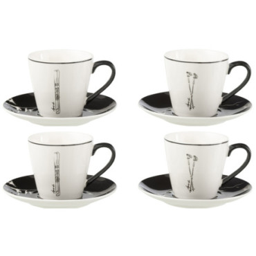 Boite 4 Tasse A The + Sous-Tasse Boite Cadeau Ceramique Noir / Blanc Large