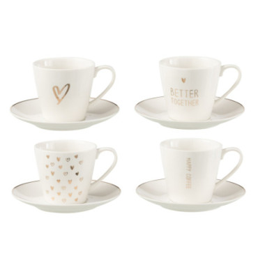 Boite 4 Tasse A The + Sous-Tasse Coeur Boite Cadeau Ceramique Blanc Large