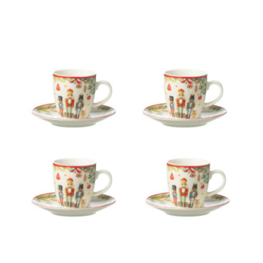 Boite 4 Tasse Cafe + Sous-Tasse Casse-Noisette Ceramique Blanc