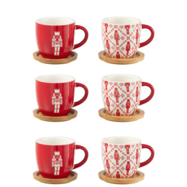 Boite 6 Tasse A Cafe + Sous-Tasse Bambou Casse-Noisette Boite Cadeau Ceramique Rouge