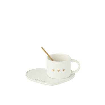 Tasse + Sous-Tasse + Cuillere 3Coeur Ceramique Blanc / Or