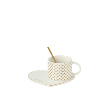 Tasse + Sous-Tasse + Cuillere Coeur Ceramique Blanc / Or