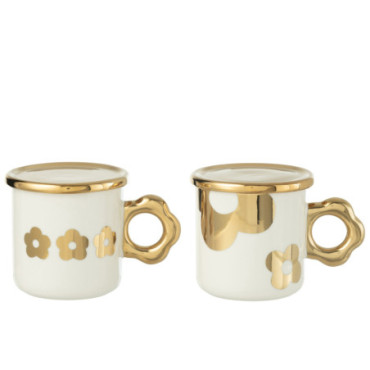 Tasse + Sous-Tasse Fleur Ceramique Blanc / Or