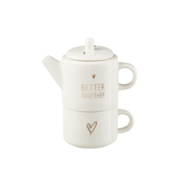 Theiere + Tasse Coeur Boite Cadeau Ceramique Blanc