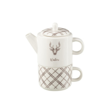 Theiere + Tasse Renne Boite Cadeau Ceramique Blanc / Marron