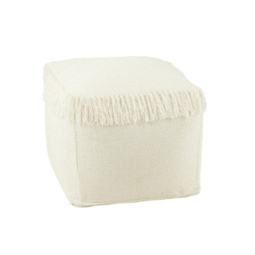 Pouf Carré Tissé + Franges Viscose Blanc