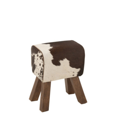 Tabouret Vache Bois De Manguier / Fourrure Noir / Blanc