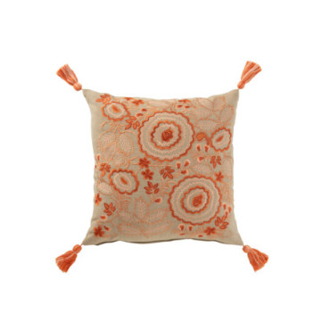 Coussin Carré Fleurs Broderie + Floches Coton Greige / Orange