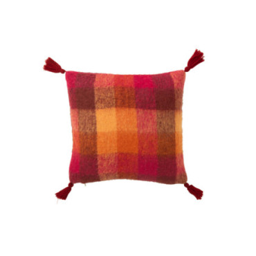 Coussin Carreaux + Floches Acrylique Orange / Bordeaux