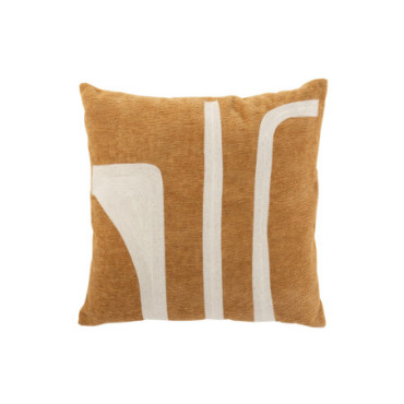 Coussin Chenille + Motifs Polyester Ocre / Blanc