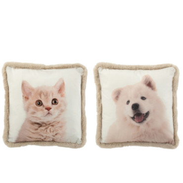 Coussin Chien / Chat Bords Fourrure Polyester Blanc / Beige