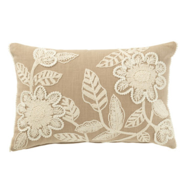 Coussin Fleurs Broderie Coton Greige / Crème