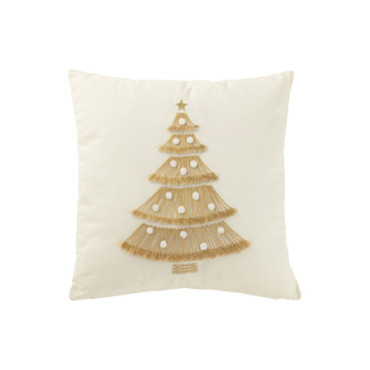 Coussin Sapin Franges + Pompomps Coton Blanc / Doré