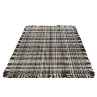 Tapis Rectangle Carreaux + Franges Laine Gris / Noir