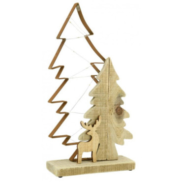 Décor sapin en métal et bois, guirlande led