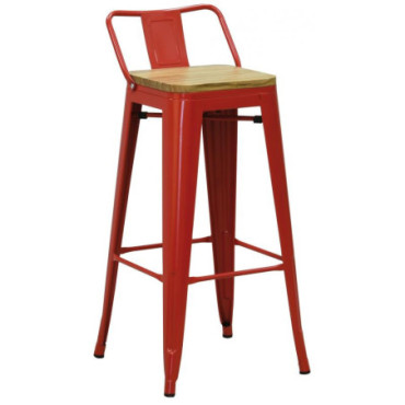 Tabouret de bar en métal rouge et bois d'orme huilé