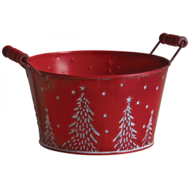 Corbeille ronde en métal rouge motif sapins et neige