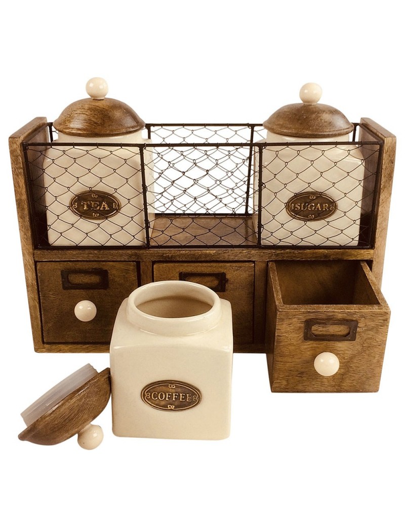  Rangement   tiroirs en bois grille 3 pots  en c ramique 