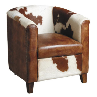 Fauteuil club en cuir et peau de vache