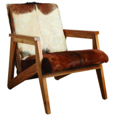 Fauteuil en teck et peau de chèvre marron