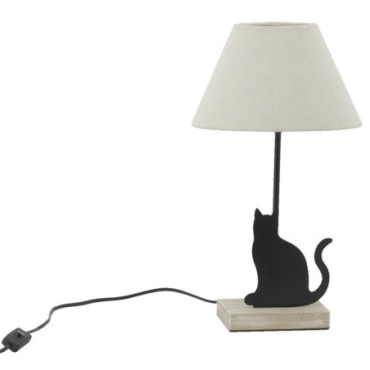 Lampe chat en métal et bois