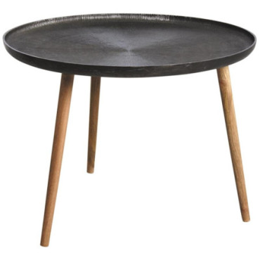 Table ronde en métal zinc antique et bois