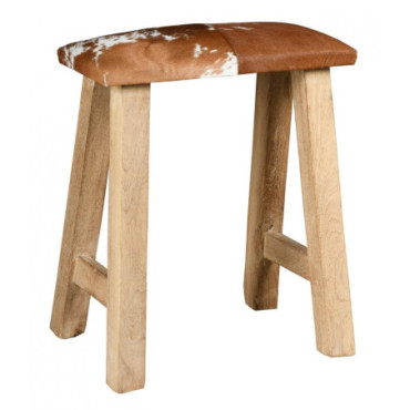 Tabouret en bois recyclé et peau de vache