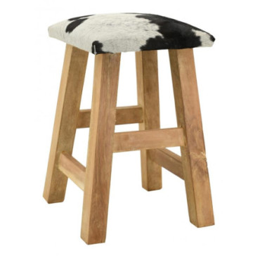 Tabouret en bois recyclé et peau de vache