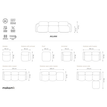 Module de canapé accoudoir Ailani - 95x95x73 Tissu Jeans