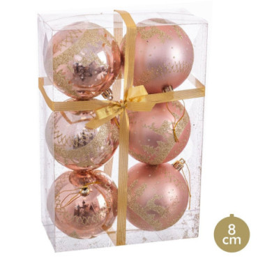 Boules Cerf Rose 8x8x8cm Set de 6