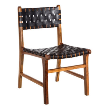 Chaise Noir Bois De Teck - Cuir 56x48x80cm