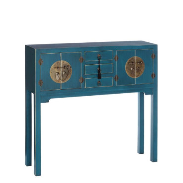 Console 4 Portes Et 3 Tiroirs Bleu Mdf - 95x26x90cm