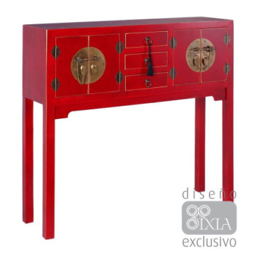 Console 4 Portes Et 3 Tiroirs Rouge 95x26x90cm