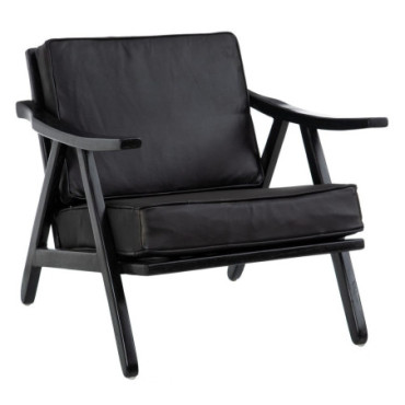 Fauteuil Noir Bois De Teck - Cuir Salon 70x75x70cm