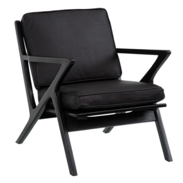 Fauteuil Noir Bois De Teck - Cuir Salon 78x64x75cm