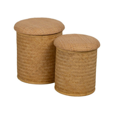 Pouf Naturel Rotin Ratan Salon 40x40x46cm Set de 2