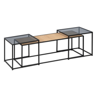 Table Basse Naturel - Noir Métal - Bois 97,50x34x35cm Set de 3