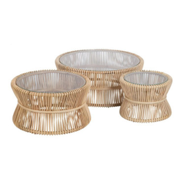 Table basse Naturel Rattan Salon 87x87x36cm Set de 3