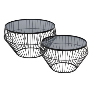 Table Basse Noir Métal - Cristal 73x73x40cm Set de 2