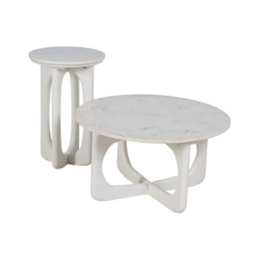 Table D'Appoint Blanc Marbre/Bois Salon 40x40x60cm