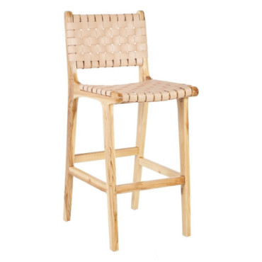 Tabouret Beige Bois De Teck - Cuir 45x57x95cm