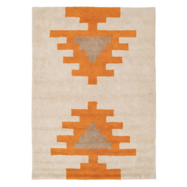 Tapis aztèque Blanc - Orange Coton Suivre 160x120cm