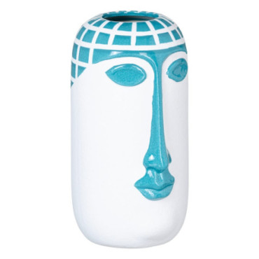 Vase Visage Blanc - Bleu Céramique 14,50x13x24,50cm