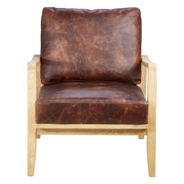 Fauteuil cuir marron pieds frêne naturel